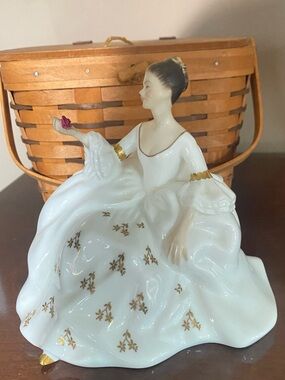 Royal Doulton White Porcelain Lady Figurine with Gold Accents and Pink Rose